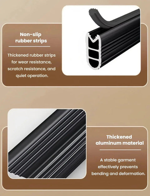 Close-up of heavy duty wardrobe rail with non-slip rubber strips and thickened aluminum material for quiet glide closet organizer.