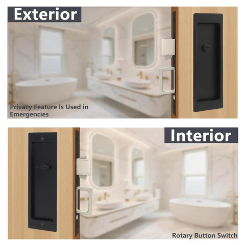 Zero Profile Pocket Door Lock Privacy Hardware With Flush Mount Pull Handle shown in matte black on a wooden door.