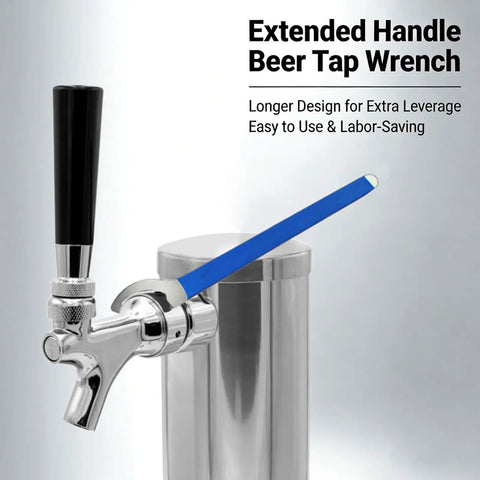 Extended Handle Heavy Duty Steel Galvanized Beer Tap Wrench for Draft Systems shown on a keg faucet