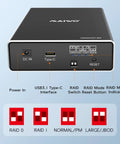 Front view of Dual Bay Hard Drive Raid Enclosure For 2.5 Inch SATA SSD And HDD Featuring USB 3.1 Gen 2 with ports and indicators.