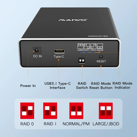 Front view of Dual Bay Hard Drive Raid Enclosure For 2.5 Inch SATA SSD And HDD Featuring USB 3.1 Gen 2 with ports and indicators.