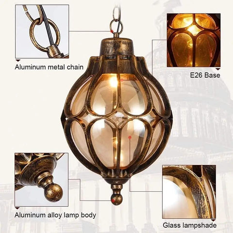 Outdoor Pendant Lights For Porch And Yard Old School Vintage Exterior Hanging Lantern With Spherical Glass Shade Bronze Aluminum Fixture Weatherproof IP54 For Gazebo Entryway Patio And Garden