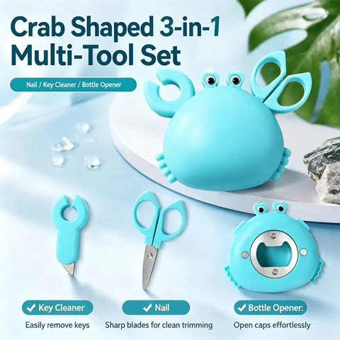 Magnetic Crab Shaped Box Cutter Four In One Multi Tool Opener with bottle opener and tiny scissors on display