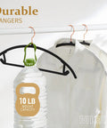 Heavy Duty Black Plastic Hangers Pack Of 50 With Rounded Shoulders That Prevent Bumps, Space Saving Hangers For Coats, Sweaters, Jackets And Pants, Rose Gold Hooks, Built In Accessory Bar For Ties And Scarves, Patent Design holding 10 lb weight capacity display.