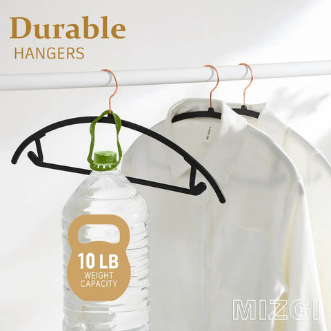 Heavy Duty Black Plastic Hangers Pack Of 50 With Rounded Shoulders That Prevent Bumps, Space Saving Hangers For Coats, Sweaters, Jackets And Pants, Rose Gold Hooks, Built In Accessory Bar For Ties And Scarves, Patent Design holding 10 lb weight capacity display.
