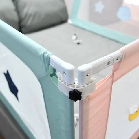 Close-up of Babyproof Crib Corner Lock Kit For Sturdy Side Rails And Infant Bed Barrier Clasp Easy Install Childproof Hardware corner view