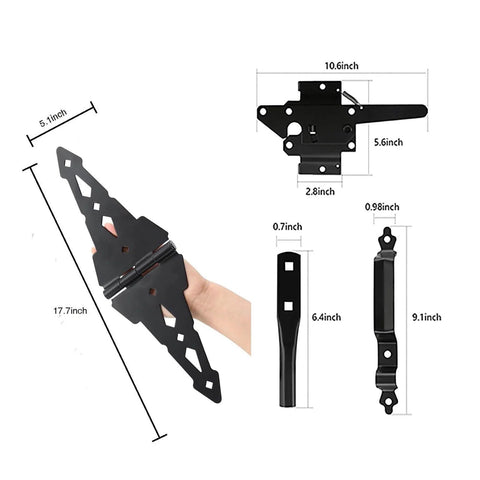 Wood Gate Hardware Set With Heavy Duty 8-Inch Decorative Strap Hinges And Spring Loaded Latch Kit With Screws diagram and dimensions