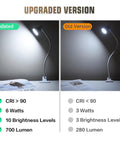 Comparison of upgraded and old clamp on desk lamp showing brightness levels and CRI values with 6 watts, 700 lumens, CRI > 90
