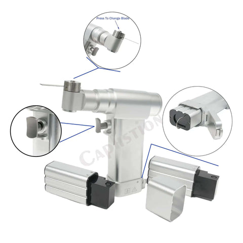 Top Shelf Mini Electric Bone Drill And Oscillating Saw For Veterinary Surgery Featuring Hella Quiet Low Noise Operation and smooth precision tools showing detail of blade change mechanism.