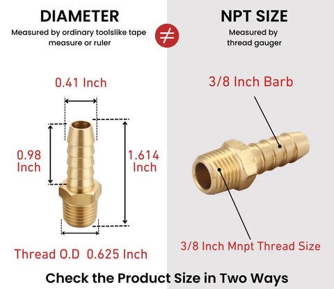 Image comparing diameter and NPT size of No Nonsense Brass Hose Barb Adapter Three Eighths Inch NPT To Three Eighths Inch Barb.