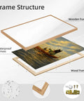 Vintage Cat Rowboat Framed Wall Art Cozy Coastal Ocean Scene Print showing frame structure and canvas layers.