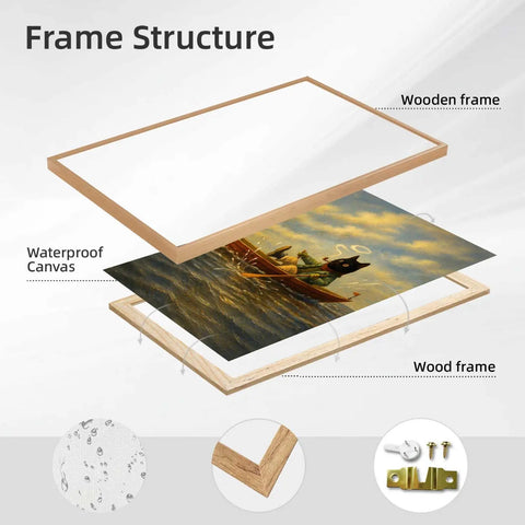 Vintage Cat Rowboat Framed Wall Art Cozy Coastal Ocean Scene Print showing frame structure and canvas layers.