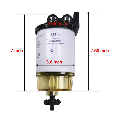 Fuel Filter Water Separator Direct Fit Replacement For Marine Outboard Mercury With Three Eighths Barb By One Quarter Npt Brass Fittings Replaces S3213 S3214 35-60494-1 18-7932-1 18-17928 35-809097 with dimensions 7 and 3.6 inches