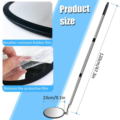 Telescoping Under Vehicle Inspection Mirror With Light For Easy Security Checks At Airports Border Crossings Sheriff Or Military Bases showing 47.3-inch extendable pole and 9.1-inch mirror