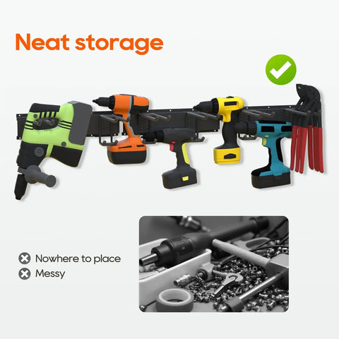 Wall Mount Garage Storage And Garden Tool Organizer With 350 Pound Capacity Adjustable Steel Rails And 6 Rubber Coated Hangers Rustproof Carbon Steel Rack For Garage Shed And Outdoor Tools holding power tools.