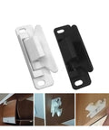 Heavy Duty Door Buckle And Outer Door Stop Kit For Cabinets And Drawers Black Easy Install Hidden Lock displayed with installation examples