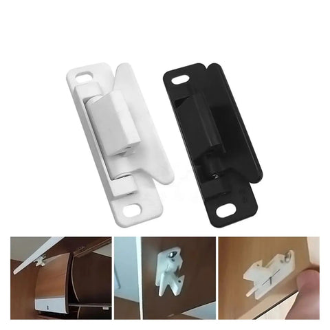 Heavy Duty Door Buckle And Outer Door Stop Kit For Cabinets And Drawers Black Easy Install Hidden Lock displayed with installation examples