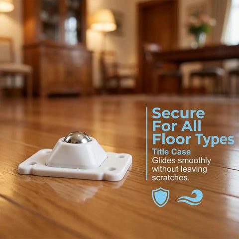 Reliable Peel Stick Mini Caster Wheels White Four Pack No Sweat Furniture Sliders on hardwood floor for smooth sliding.