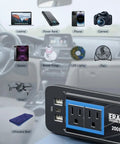 Smooth Moves 200W Car Power Inverter Dc 12V To 110V Ac With Dual Us Outlets And Usb C Fast Charger Plug for charging devices.