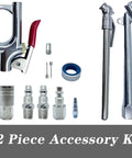 Lightweight Hybrid Air Compressor Hose One Quarter Inch By Thirty Feet With Flex Friendly Bend Restrictors And Thirteen Piece Accessory Kit including various fittings and tools.