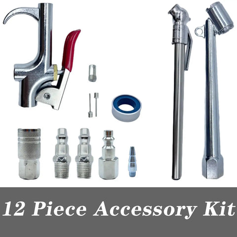 Lightweight Hybrid Air Compressor Hose One Quarter Inch By Thirty Feet With Flex Friendly Bend Restrictors And Thirteen Piece Accessory Kit including various fittings and tools.