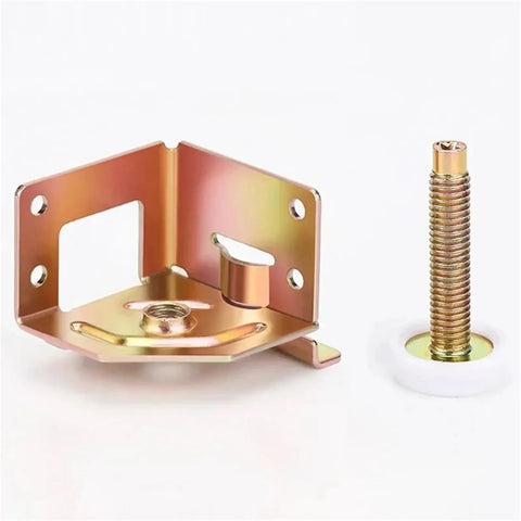 Eight Adjustable Furniture Feet Set For Leveling On Uneven Floors No Wobble, bracket mount and threaded post levelers, metal, close-up view.