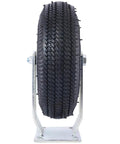 Pair Of Heavy Duty 10 Inch Pneumatic Caster Wheels Featuring Smooth Rolling Ribbed Tires And Ball Bearing Steel Hubs built tough viewed from the side.