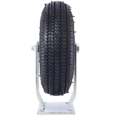 Pair Of Heavy Duty 10 Inch Pneumatic Caster Wheels Featuring Smooth Rolling Ribbed Tires And Ball Bearing Steel Hubs built tough viewed from the side.