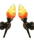 Two Pack Rustic Industrial Wall Sconces With Flame Glass Lampshade, Fist Shaped Antique Brown Aluminum Brackets, Farmhouse Outdoor Plug In, Dimmable With Compatible Bulbs