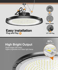 10 Pack UFO LED High Bay Light 250W 37500LM 5000K Daylight IP65 Waterproof with detailed components like hook and plug view
