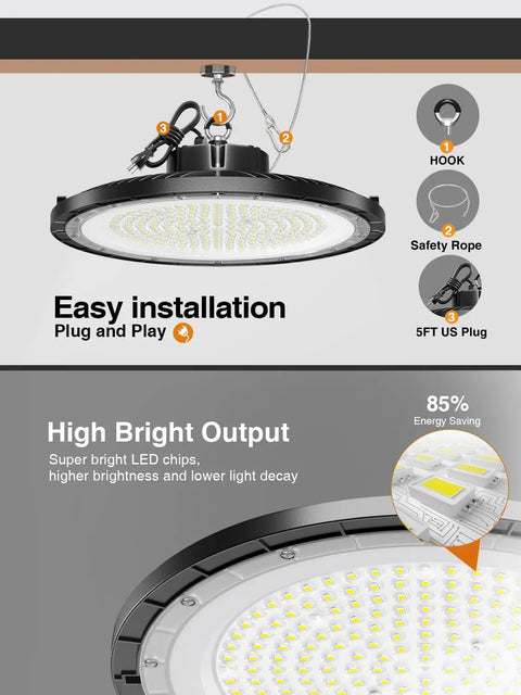 10 Pack UFO LED High Bay Light 250W 37500LM 5000K Daylight IP65 Waterproof with detailed components like hook and plug view
