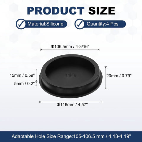 4 Pieces T Shaped Silicone Plugs 106.3mm Diameter Approx 4.17 Inch Snap In Hole Seal with size details on white background