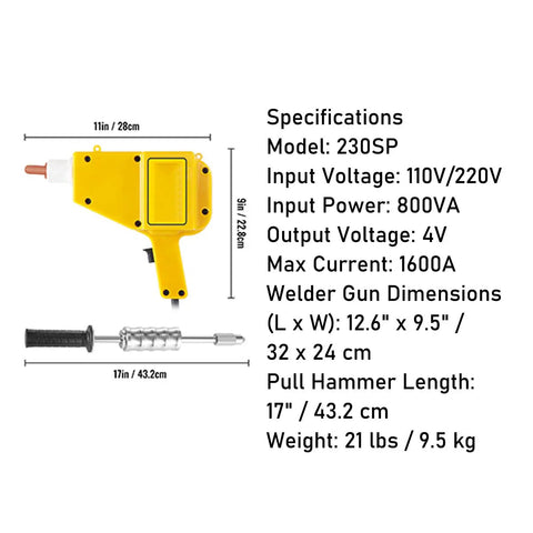 Pro Grade Stud Welder Dent Repair Kit With Complete Auto Body Accessories For Spot Welds And Dent Pulling Heavy Duty Stud Gun Kit Featuring Weld Head Collets Pulling Hooks Pins And Spacers shown with dimensions and specifications