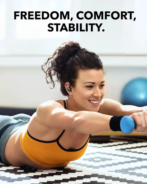 Woman exercising with Sport X20 True Wireless Workout Earbuds With Rotatable And Extendable Ear Hooks, Active Noise Cancellation, Deep Bass.