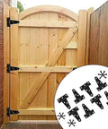 Wooden gate with installed Eight Pack Heavy Duty T Shaped Door Hinges For Large Wood Gates Perfect For Barns Fences And Sheds Durable Iron Construction With Classic Black Finish Easy Install With Included Screws For Smooth Quiet Swing, shown with hinges detail insert.