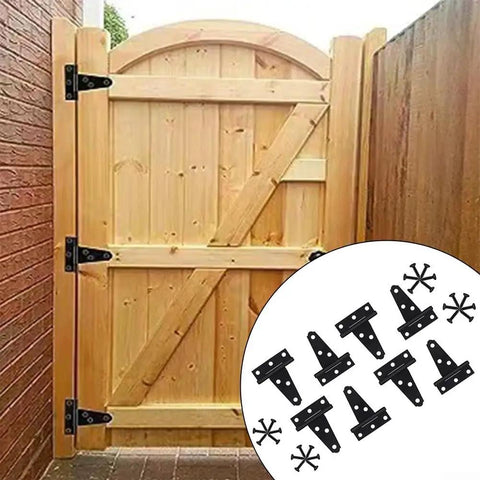 Wooden gate with installed Eight Pack Heavy Duty T Shaped Door Hinges For Large Wood Gates Perfect For Barns Fences And Sheds Durable Iron Construction With Classic Black Finish Easy Install With Included Screws For Smooth Quiet Swing, shown with hinges detail insert.