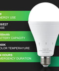 Rechargeable Emergency Light Bulbs 4 Pack, Battery Powered LED Bulbs With 1200mAh, 6000K Daylight details on black background