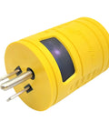 Heavy Duty Generator Adapter Nema 5 15P To L14 30R Twist Lock Connector close-up view in yellow, featuring three prongs for secure connection.