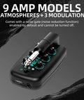 Close-up of Guitar Headphone Amp With 9 Simulation Tones USB Rechargeable Pocket Effects Unit showing controls and jack.