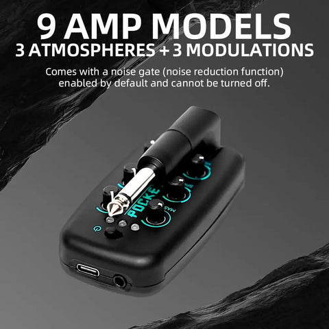 Close-up of Guitar Headphone Amp With 9 Simulation Tones USB Rechargeable Pocket Effects Unit showing controls and jack.