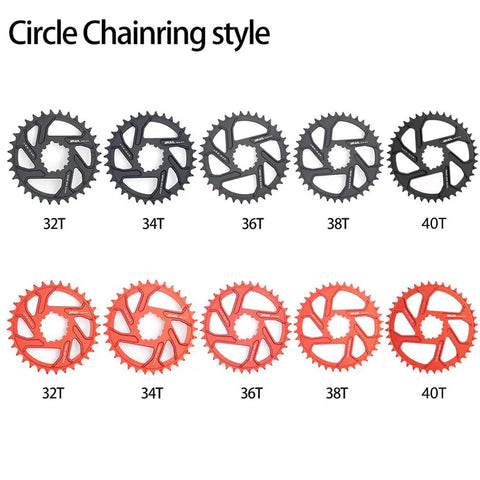 Circle chainring styles in black and red, including 34T Direct Mount Chainring 34T Narrow Wide Teeth 3mm Offset CNC 7075 Aluminum for SRAM GXP Cranksets 1x Compatible With 9 10 11 12 Speed Drivetrains Durable Black Finish.