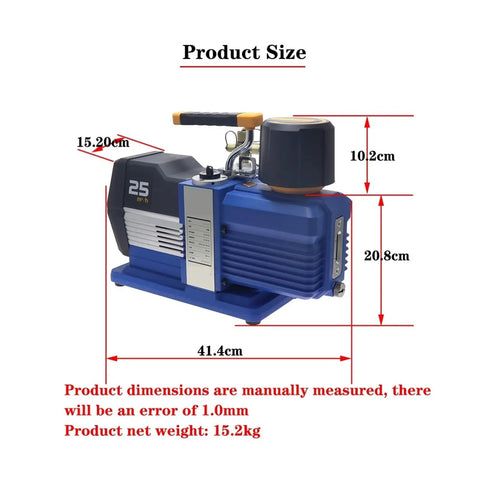 Heavy Duty Two Stage Vacuum Pump With Automatic Refill Kit, 15 Cfm 3/4 Hp Double Vane showing product dimensions and details.