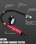 Cooling System Radiator Coolant Pressure Leak Tester Manual Hand Pump Gauge with 21" hose and 3" gauge for leak detection.