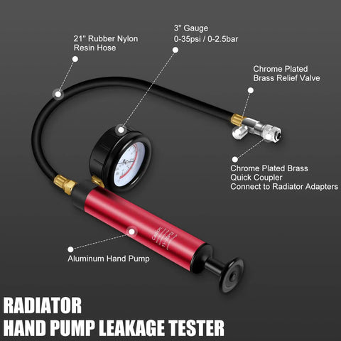 Cooling System Radiator Coolant Pressure Leak Tester Manual Hand Pump Gauge with 21" hose and 3" gauge for leak detection.