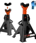 Front view of pair of 3-ton car jack stands with orange adjustable necks and black bases