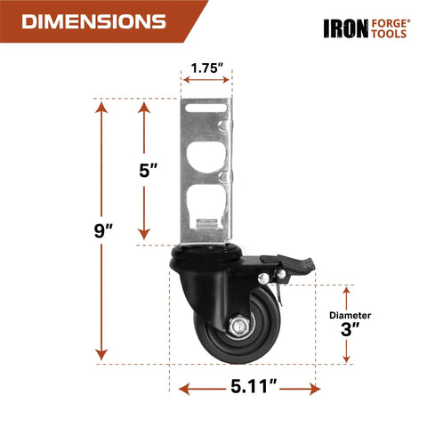 Beefy Locking Caster Wheels Set Of Four For Boltless Shelving Racks 3 Inch 1360 Lb Total Capacity dimensions diagram