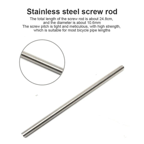 Stainless steel screw rod for Aluminum Alloy And Stainless Steel Bike Repair Tool Kit, 24.8cm length, 10.6mm diameter.