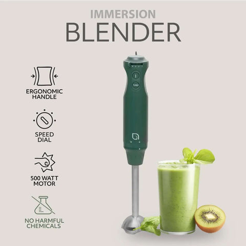 Heavy Lifter 5 Speed Immersion Blender With 500 Watt Turbo Boost And Whisper Quiet Action For Creamy Soups And Smoothies Featuring No Fuss Detachable Stainless Steel Shaft In Eco Conscious Green Finish That Runs Smooth And Reliable, featuring ergonomic handle and speed dial.