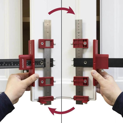 Adjustable Drill Guide Hardware Jig For Cabinet Handles Knobs And Drawer Pulls Installations With Repeat Drilling Reversible Left To Right Transfer Sliding Stops And 5mm Bushings in use