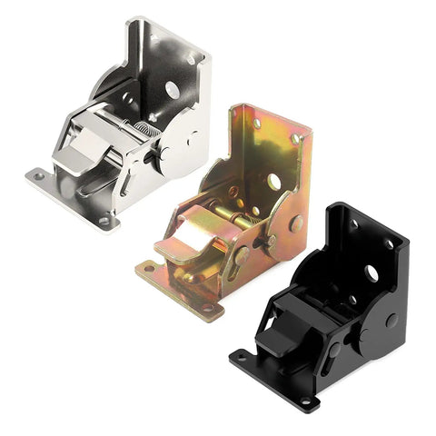 Locking Folding Hinges 90 Degree Foldable Shelf Brackets in steel, gold, and black for table bed legs and workbench expansion
